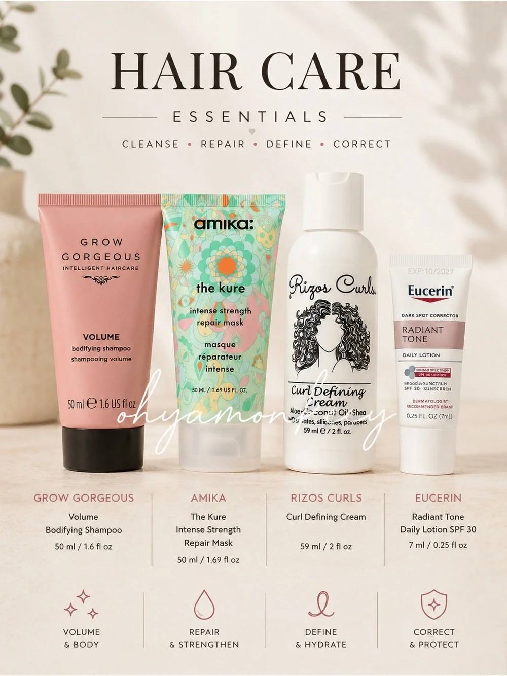 Haircare Travel Bundle & Sunscreen- Grow Gorgeous Amika Rizos Curls Edcerin